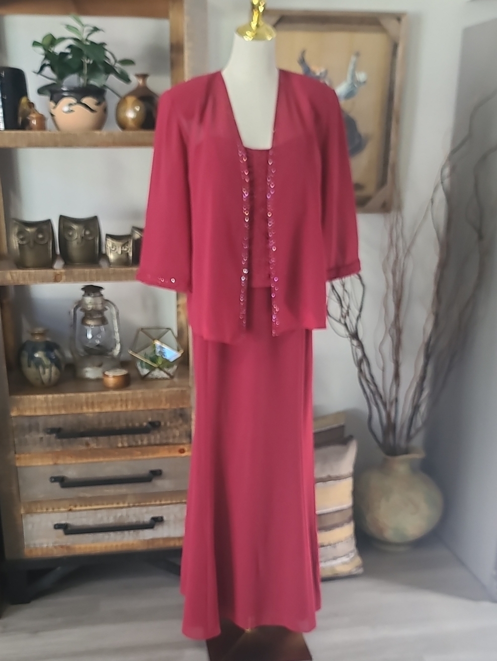 Karen Miller  Sequin-Trim Red Evening Dress with Jacket